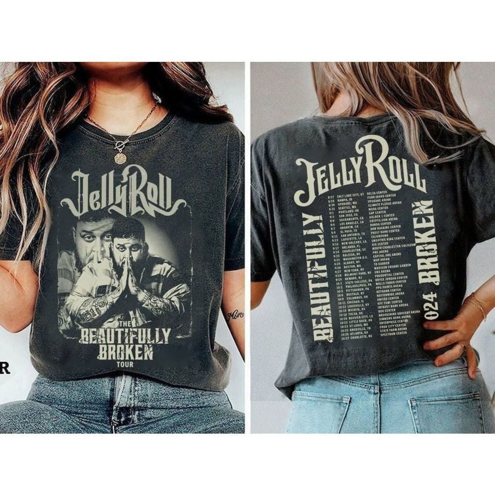 Jelly Roll The Beautifully Broken Tour 2024 2 Sided Concert Retro Tee T-Shirt - Picture 1 of 4
